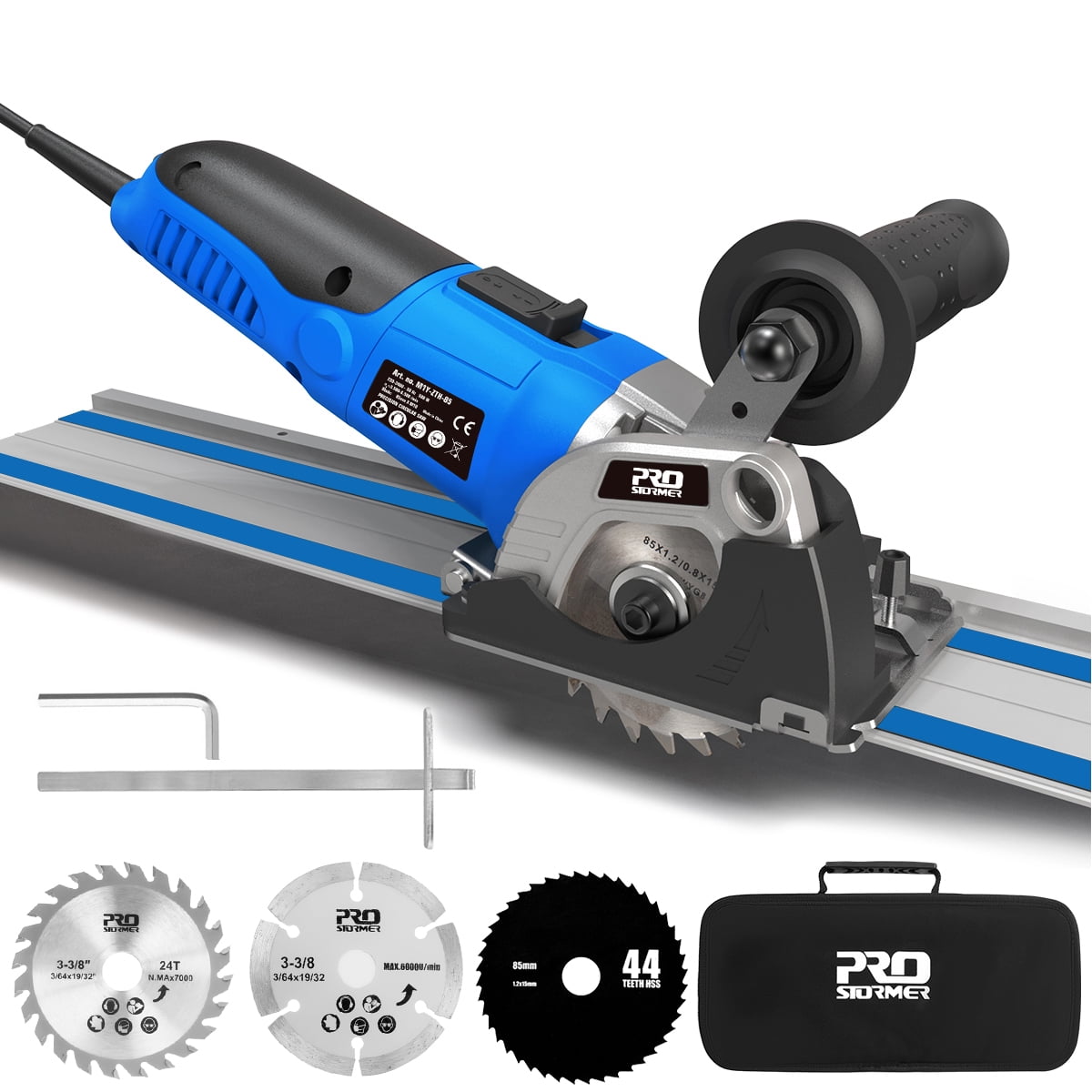 PROSTORMER Electric Variable Speed Mini Circular Saw, Compact Circular Saw, Mini Plunge Track Saw with 2 Guides and 3 Cutting Blades -