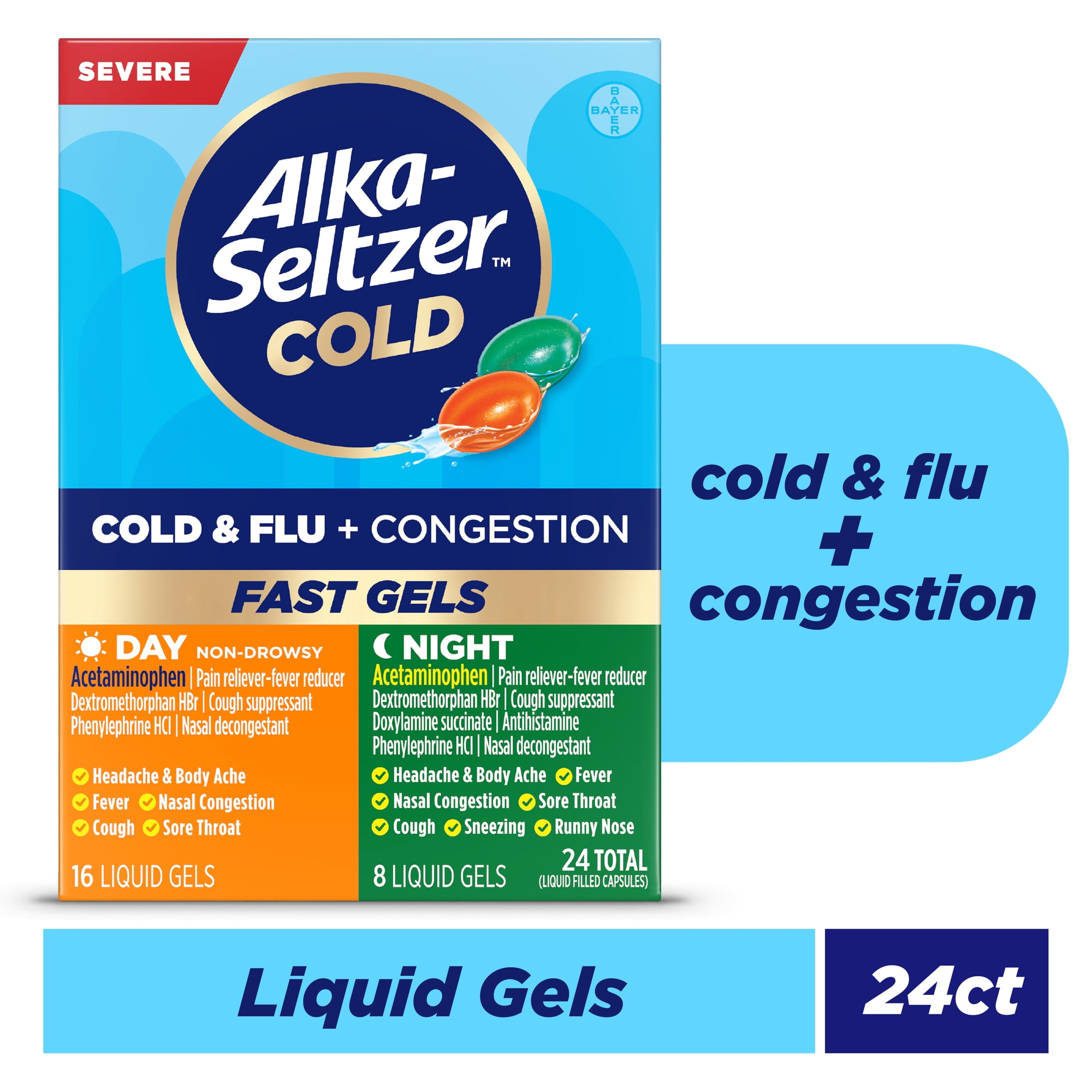 Alka-Seltzer Cold, Cold & Flu + Congestion Severe Day/Night Fast Gels, 24 Count