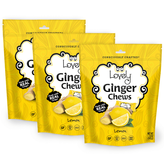 Lovely Candy Co. Lemon Ginger Chews, Made with Real Ginger, Individually Wrapped Ginger Candy, 5 Ounce (Pack of 3) | Gluten-Free, Non-GMO, NO Artificial Ingredients, NO High Fructose Corn Syrup