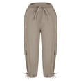thumbnail image 7 of Capri Pants Women's Summer Solid Color Pocket Drawstring Slacks Capri Pants Pocket Cargo Pants Solid Mid Calf Khaki XXL, 7 of 7