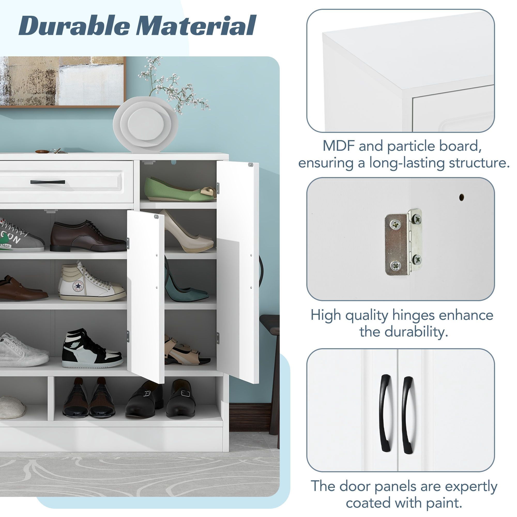 DEALTOPS Modern Minimalist Shoe Cabinet with Ample Storage Space and Adjustable Shelves, Freestanding Wooden Shoe Rack for Entryway - White
