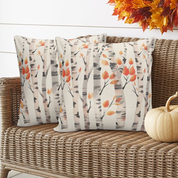 Orange Leaves Outdoor Waterproof Pillow Covers Set of 2, Beige Wood Watercolor Pillowcase Decorative Throw Cushion Cases for Patio Garden Couch 16 x 16 Inches