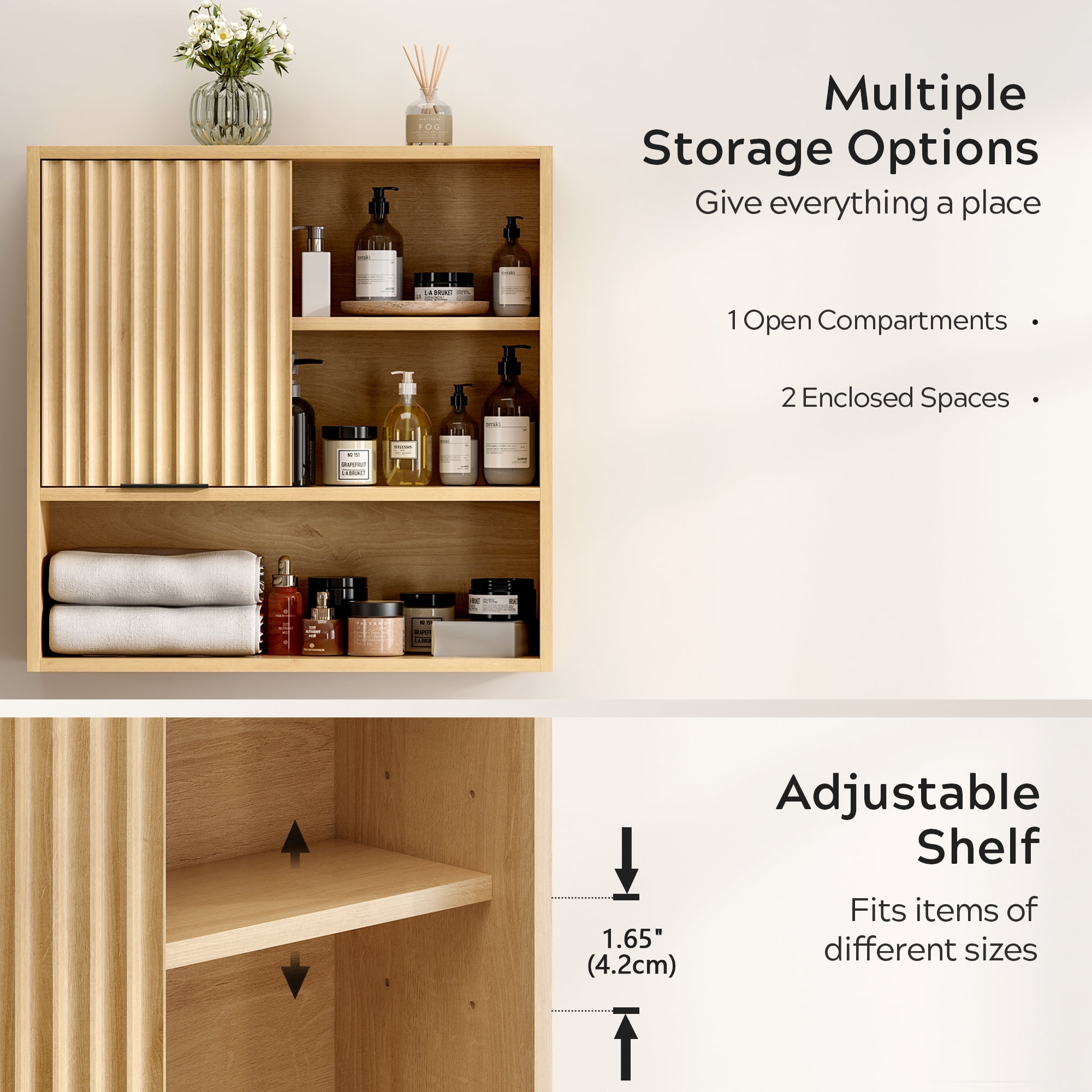 EYYTHUNG Fluted Wall-Mounted Cabinet Bathroom, Modern Medicine Cabinet with Adjustable Shelf Wood Storage Cabinet, Natural Oak