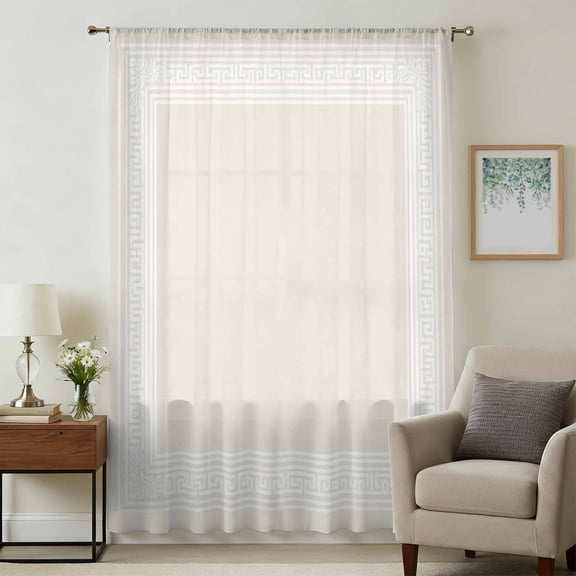 Cream Greek Key Sheer Curtains 63 Inches Long, Geometric Greece Ancient Farmhouse Geo Light Filering Curtains, Breathable Simi Curtain Privacy Drapes for Living Room Bedroom Window Treatment