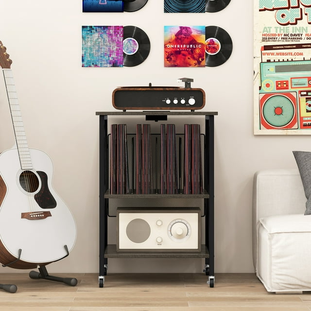 Giantex Support pour Tourne-Disque, Support de Plateau Tournant avec Station de Recharge Intégrée, Armoire de Rangement, Table d'Appoint pour la Maison, Chêne Gris
