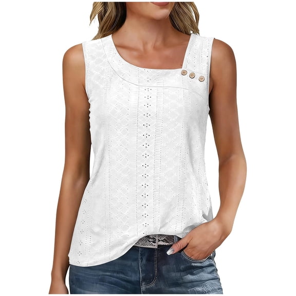 UPPADA Womens Sleeveless Tank Top Eyelet Embroidery Casual Blouse with Button Detail Loose Fit Summer Tunic Tops for Daily Wear and Vacation,white tank tops L