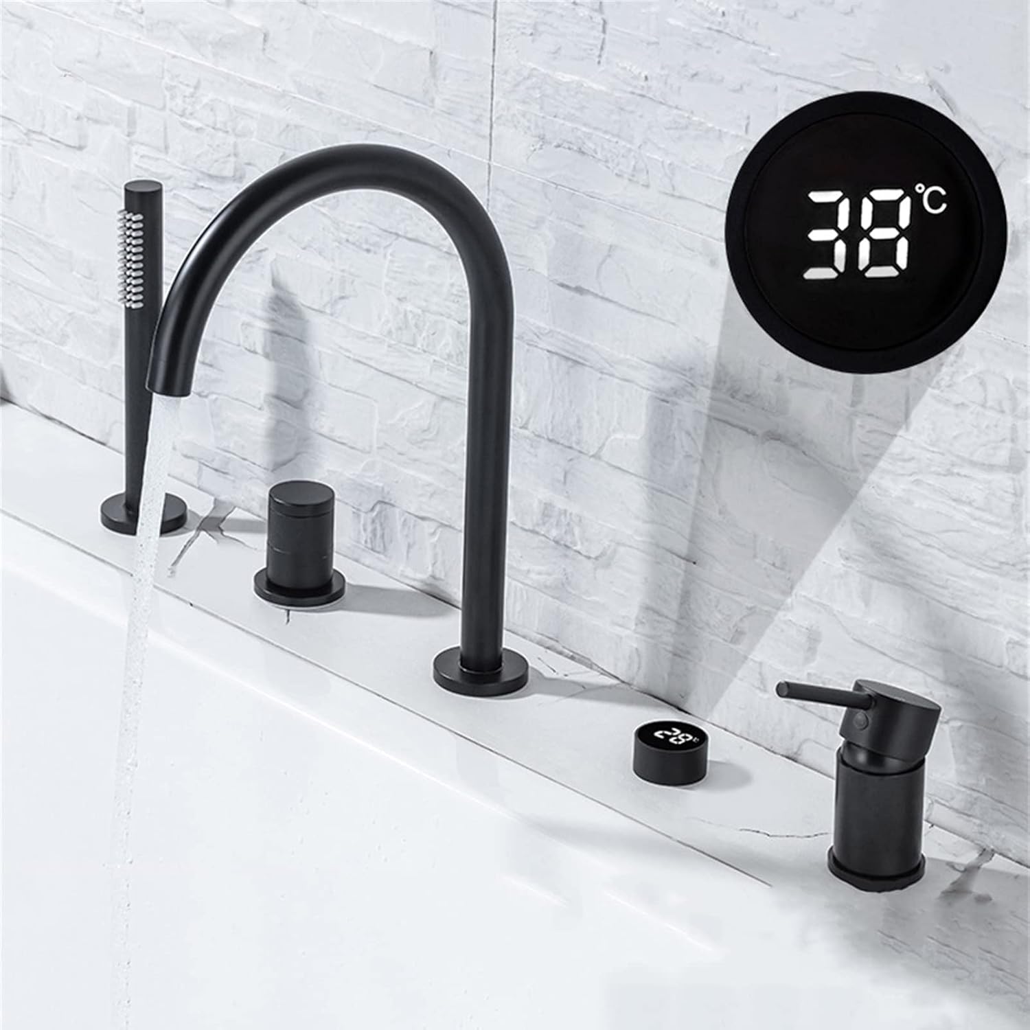 Bathtub Faucet with Temperature Display, Widespread Deck Mounted Solid Brass Bathroom Tub Shower Faucet 4 Holes, Hot and Cold Water Mixer Tap with Handshower