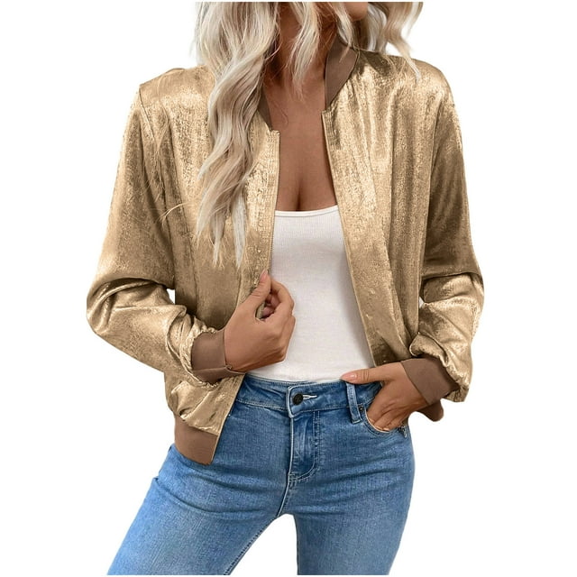 Dagegui Vestes Bomber Courtes pour Femmes Légères à Manches Longues à Fermeture Éclair Hauts Y2k Vêtements d'Extérieur Tendance pour Fête Or TG