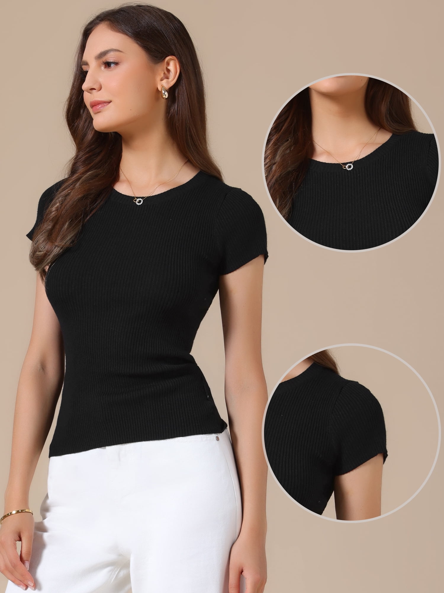 DARING DIVA Women's Short Sleeve Tops Summer Crewneck T-Shirt Ribbed Knit S Black