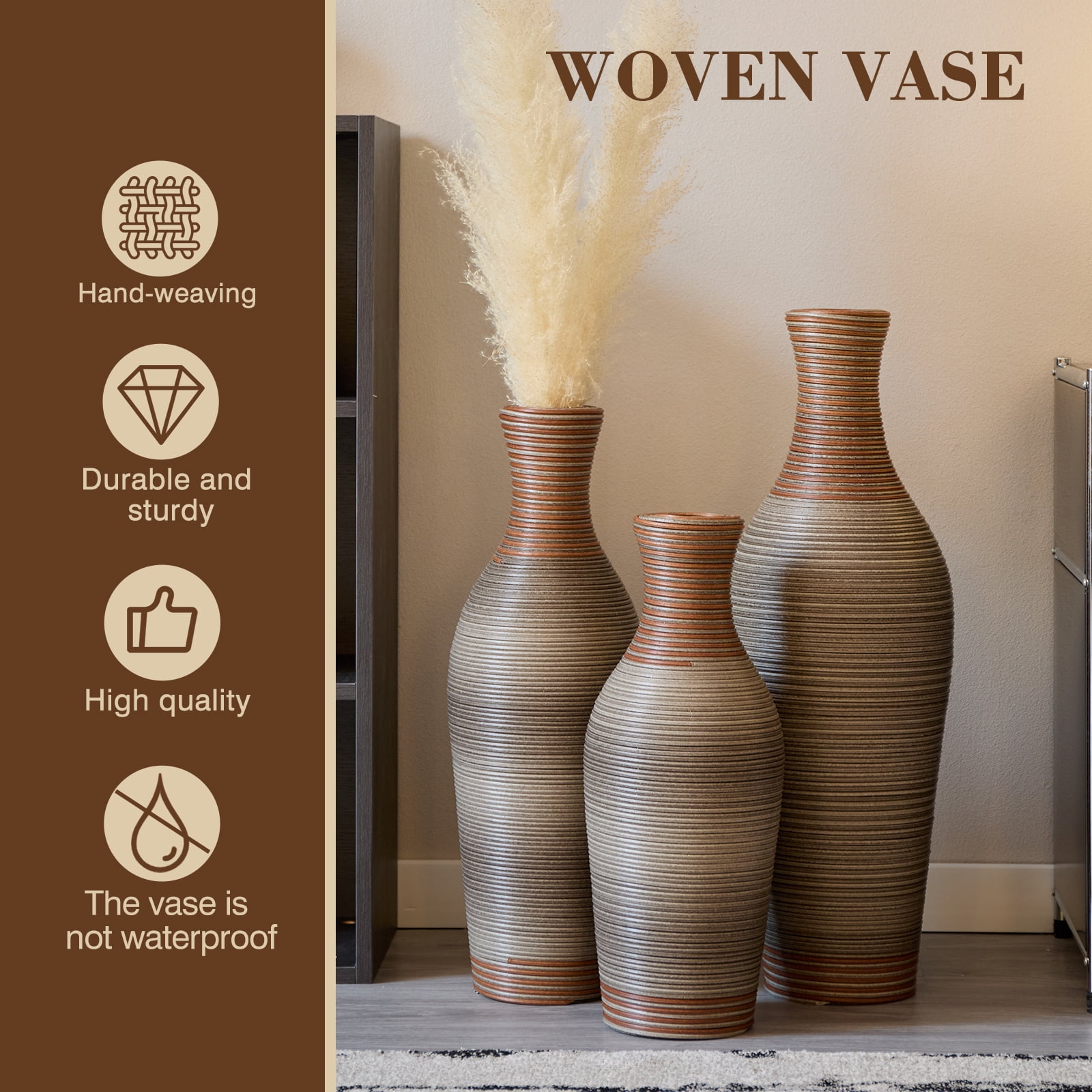 Aukfa Tall Floor Vase Set of 3, Extra Large Metal Decorative Vases for Living Room Dining Room Bedroom,Brown Grey