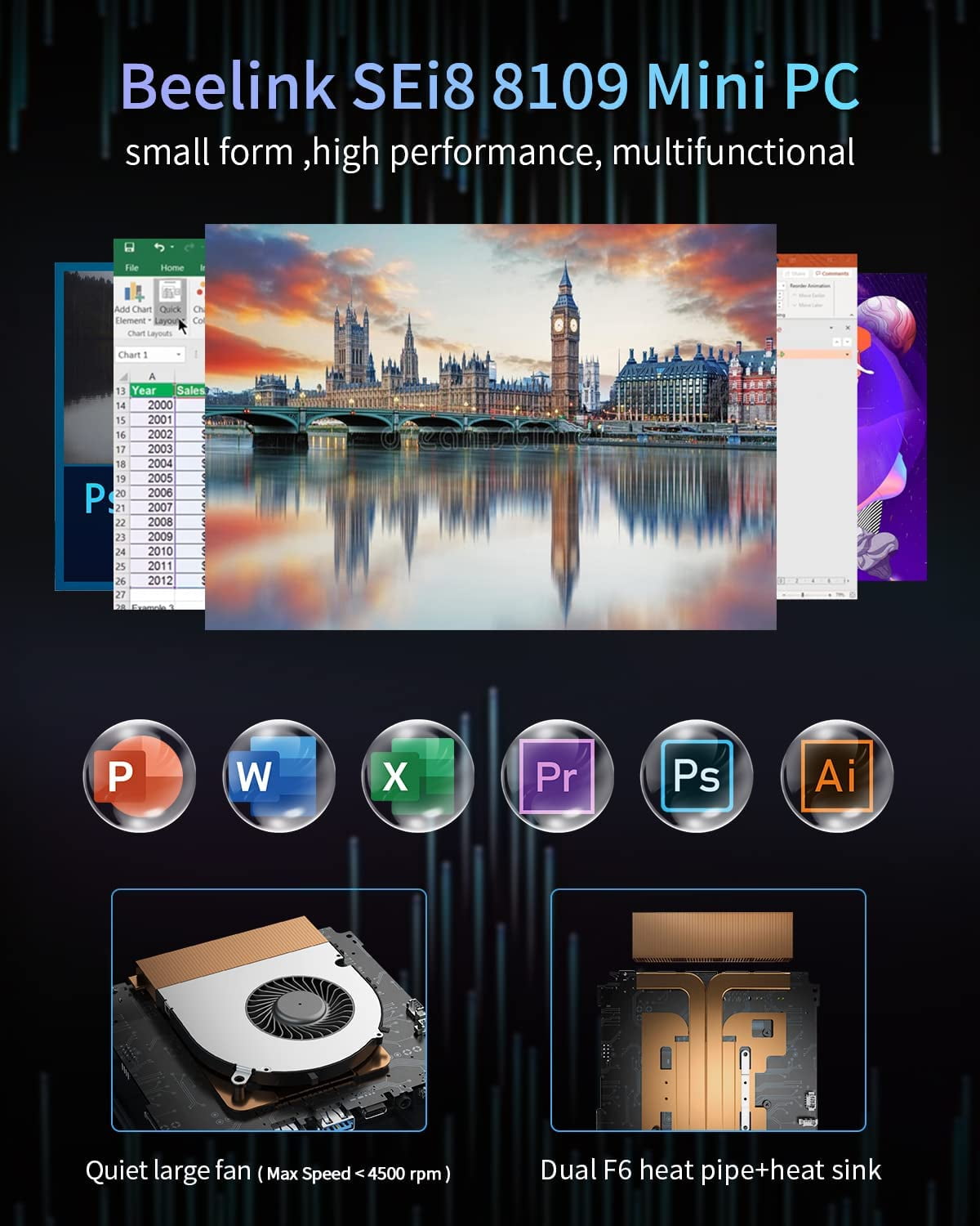 Beelink Mini Desktop Computer, Intel Core i3, 16GB, 500GB HD, 500GB SSD, Black, SEi i3-8109