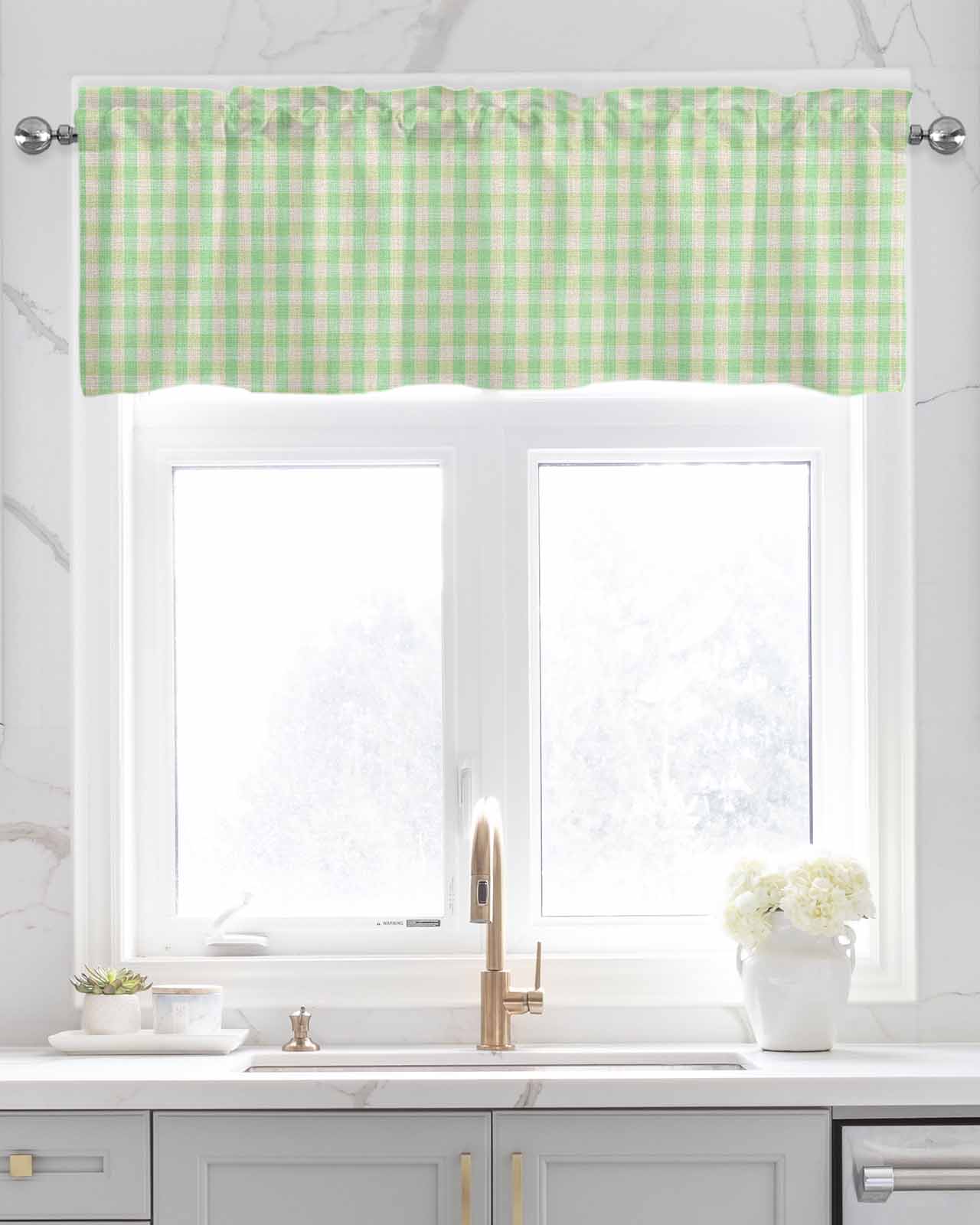 Sage Green Kitchen Valances for Windows Farmhouse Linen Window Valance Curtain for Living Room Window Treatment Grid Checkered Plaid Gingham Lattice Trellis Valance Rod Pocket Topper, 54 x 18 Inch