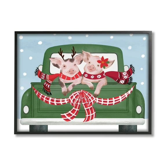 Farmhouse Pigs Green Holiday Truck Holiday Graphic Art Black Framed Art Print Wall Art