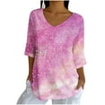 thumbnail image 2 of Womens Tops Plus Size 3/4 Sleeve V-Neck Print Casual Loose Blouses Shirts Pink XXL, 2 of 5