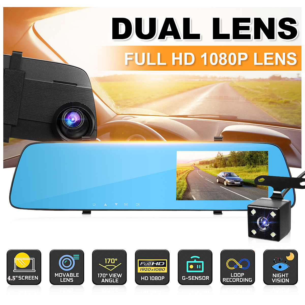 4.5'' 120° Dual Lens Car DVR Dash Cam Front & Rear Mirror Camera Video