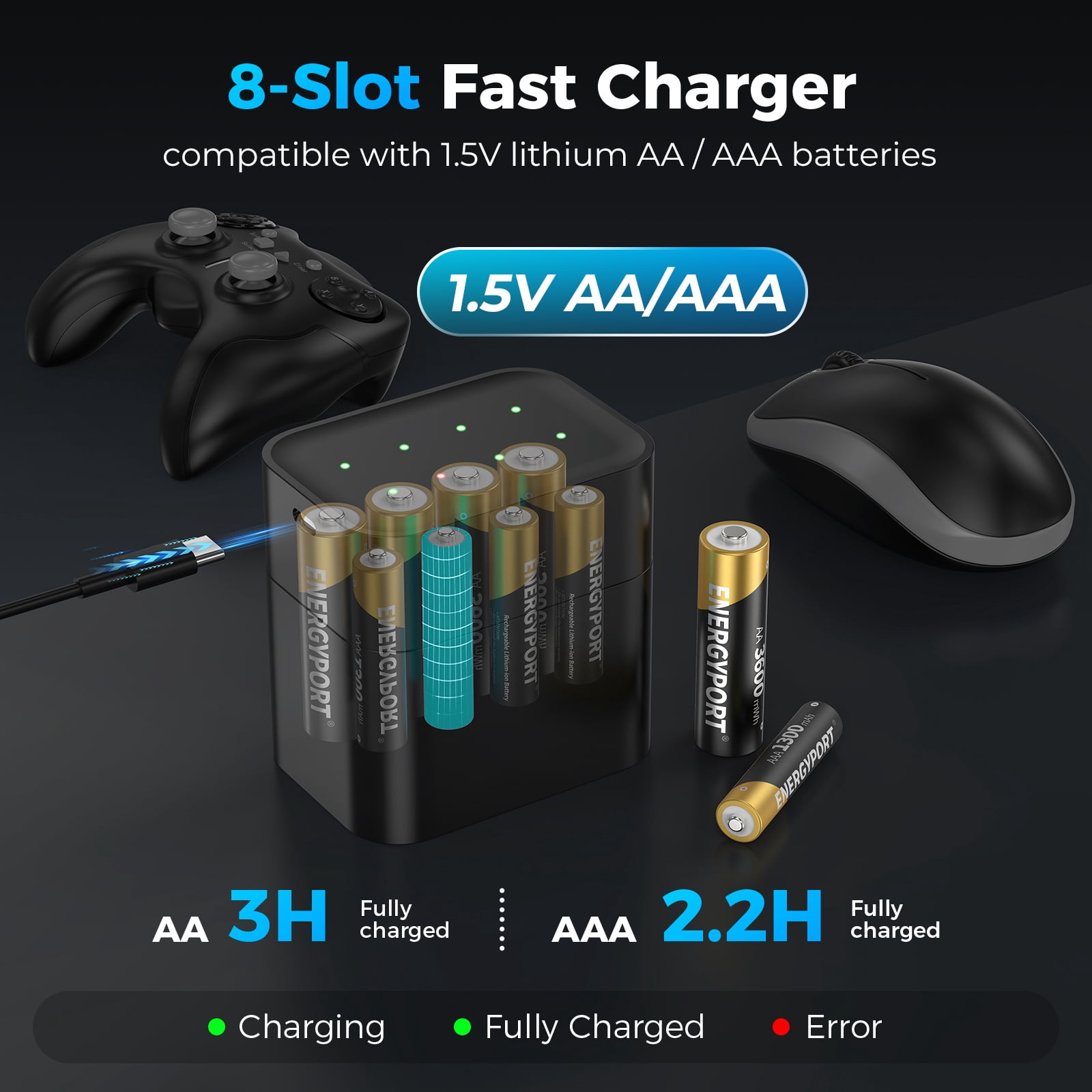 Rechargeable Batteries 4 AA & 4 AAA Lithium with Charger,  1.5V Triple A & Double A Batteries, Long Lasting Lithium Battery with Integrated Charging Storage Box