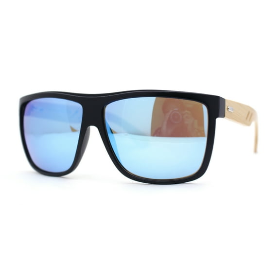 Eco Friendly Bamboo Wood Arm Large Flat Top Horn Rim Hipster Sunglasses Black - Blue Mirror