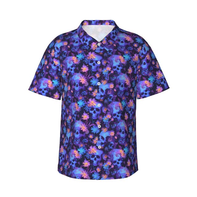 Fotbe Skull daisy purple Camisa Hawaiana para Hombre Unisex – Camisa Casual de Verano con Botones de Manga Corta de Algodón y Lino,Large