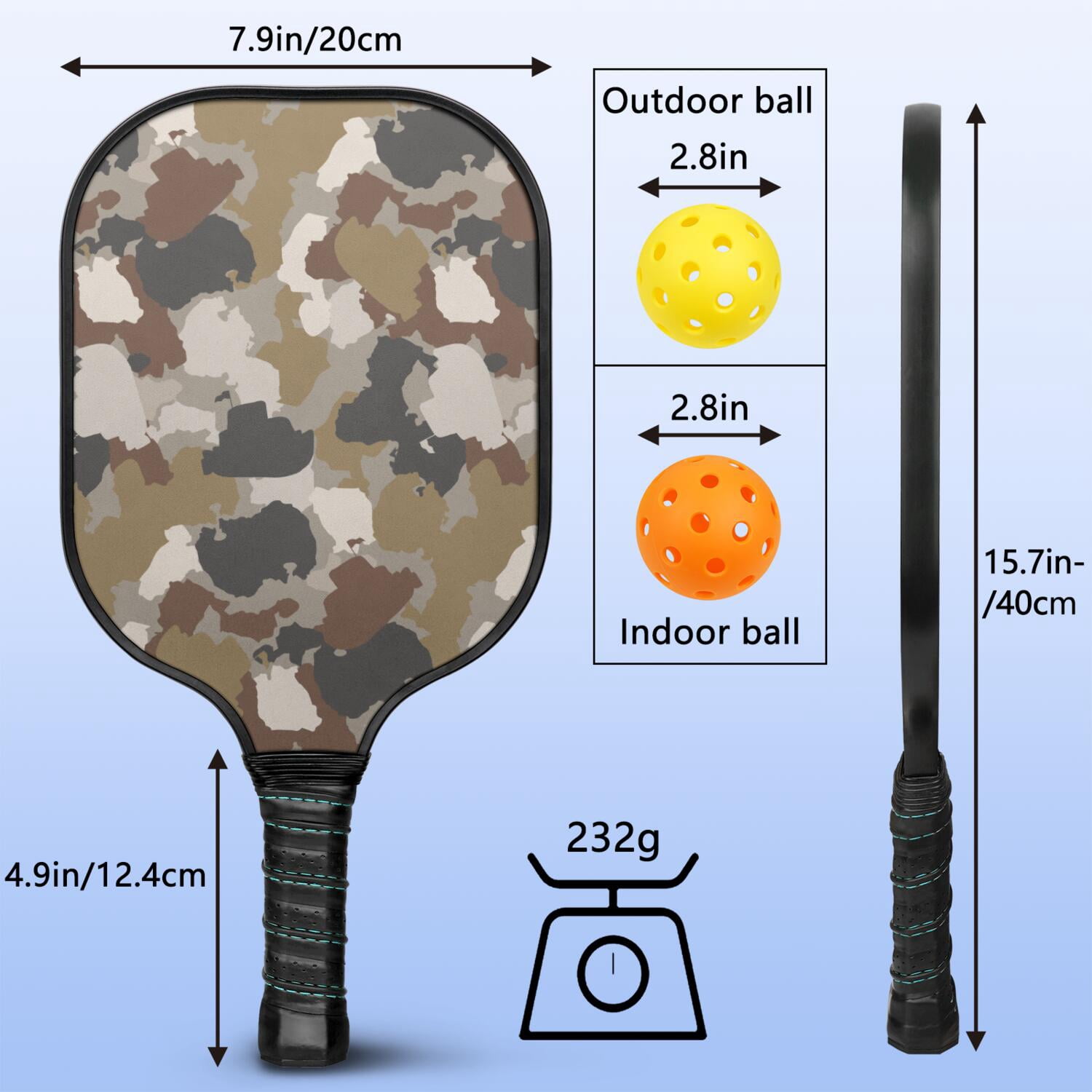 Pickleball Paddles Set Of 1, Fiberglass Surface, Camouflage Print, 1 Paddle, 2 Balls & Bag