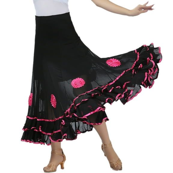 Ballroom Standard Modern Long Circular Dance Skirt for Competition Black