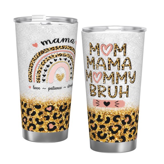 20oz Mama Leopard Rainbow Tumbler Insulated Car Cup Travel Coffee Cup Mom Gift for Women with Single Silver Rim