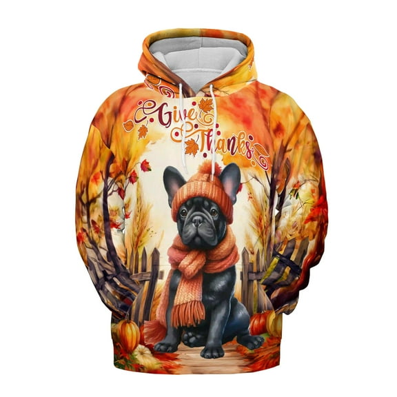 Happy Thanksgiving French Bulldog Give Thanks Fall Beanie Scarf Welcome All Over Print 3D Hoodie Unisex Merch Hoodies Dog Lover Gifts - 00020