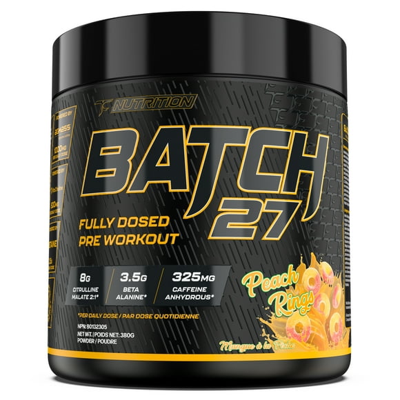 Batch 27 Pre Workout Powder - Nitric Oxide Booster & Preworkout for Men and Women w/Citrulline, Beta Alanine, Caffeine for Enhanced Energy, Endurance, & Reduced Fatigue - 40 Servings, Peach Rings