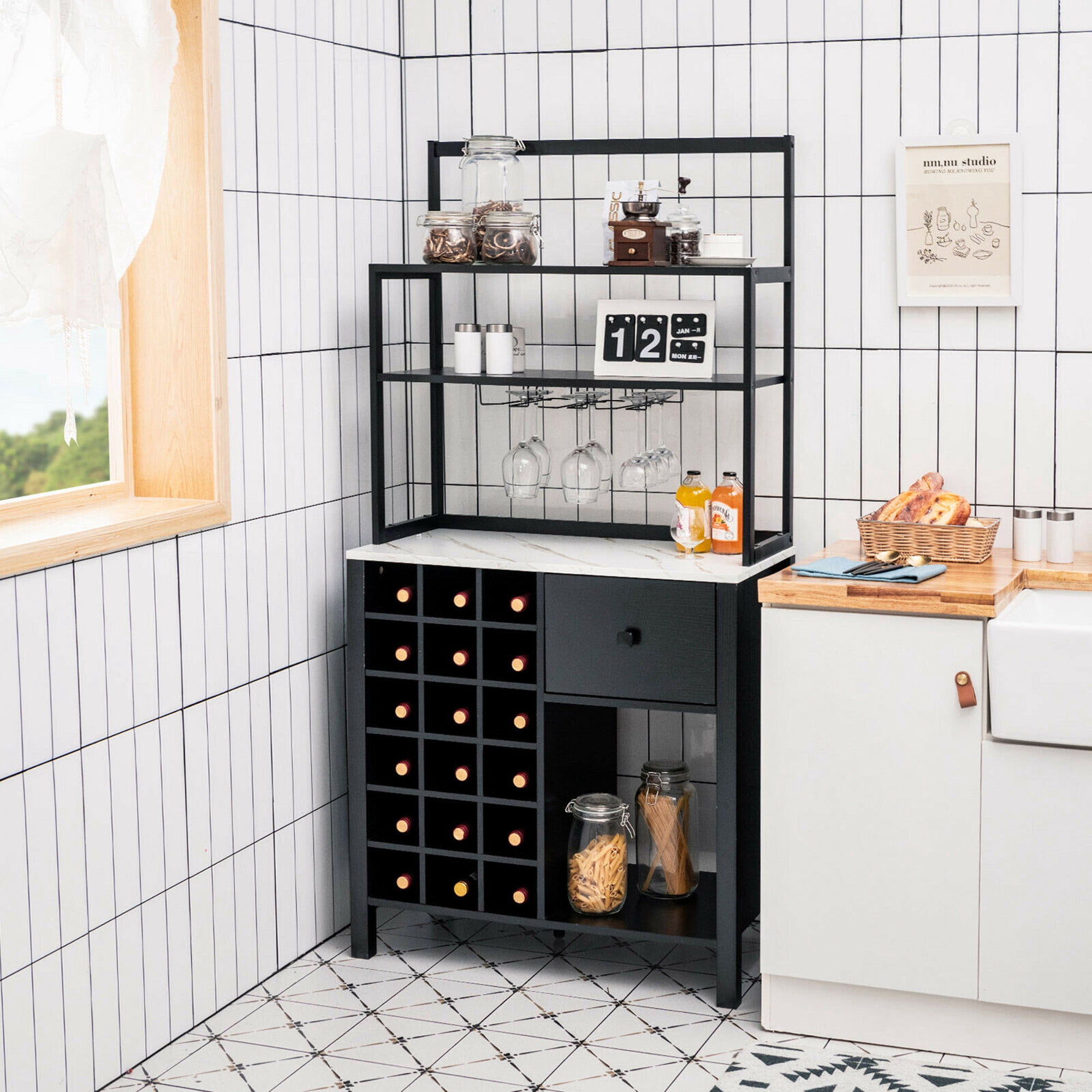 Gymax Black Kitchen Bakers Rack Freestanding Wine Rack Table w/ Glass Holder & Drawer
