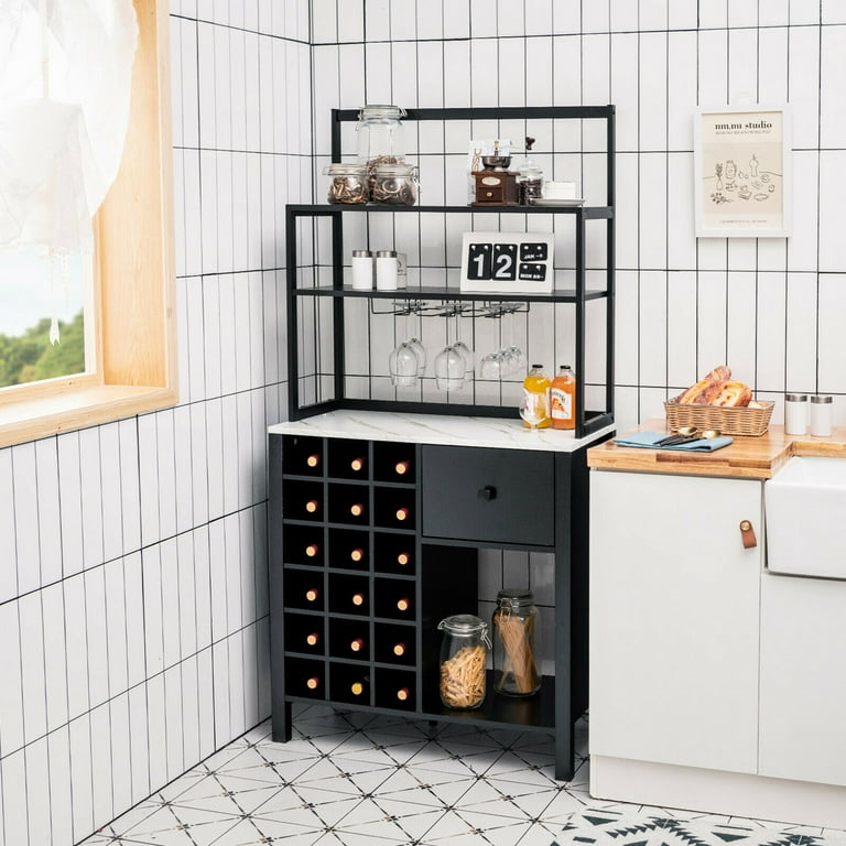 Gymax Black Kitchen Bakers Rack Freestanding Wine Rack Table w Glass Holder Drawer Walmart