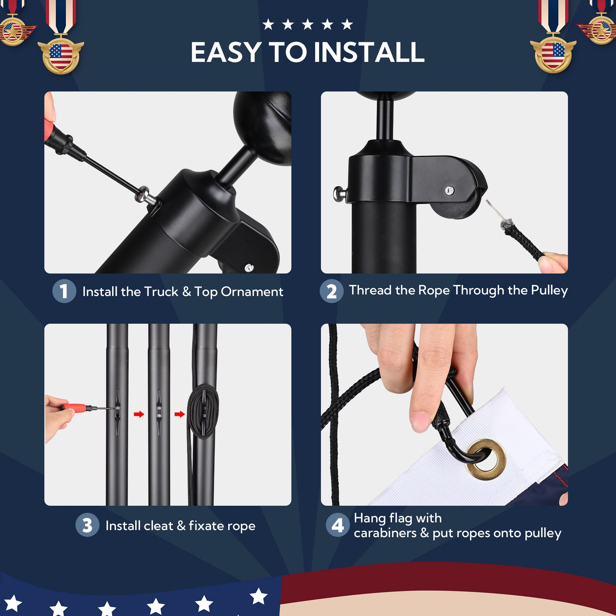 Yescom ALL Aluminum Flag Pole Hardware Repair Kit 50FT Wire Core Halyard Rope Black Ball Topper for 20/25/30 FT Sectional Pole with 1 13/16" Dia.