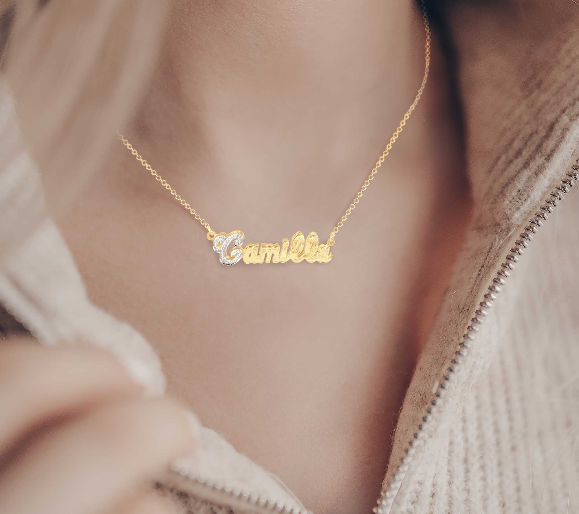 Personalized Double 3D Bling Initial Name Necklace in 14K Gold-Plated Sterling Silver