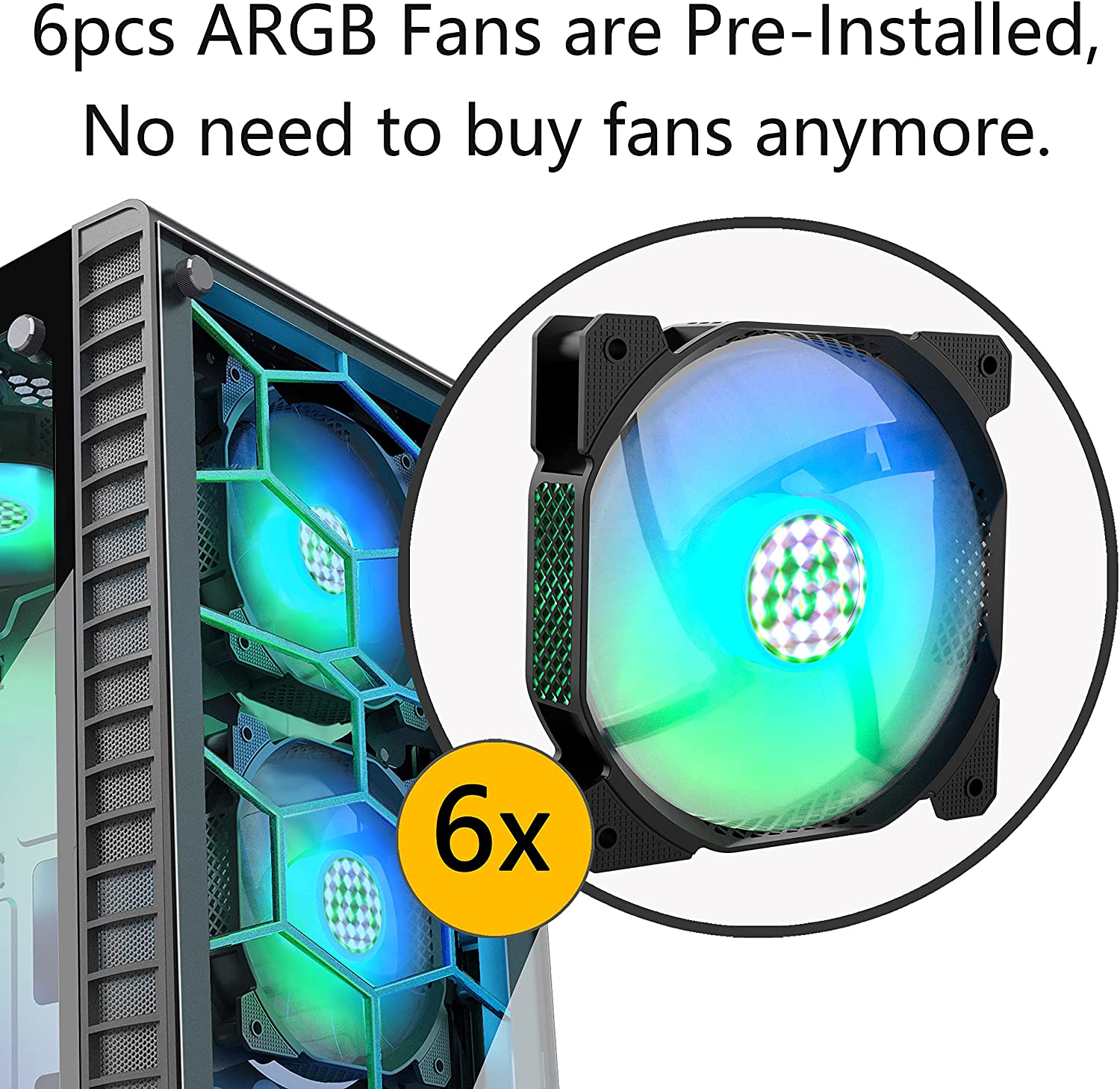 MUSETEX 6pcs ARGB Fans Pre-Installed, USB 3.0 Tempered Glass ATX Mid-Tower Chassis Gaming PC Case Cable Management/Airflow Gaming Style ATX/Micro ATX/ITX Computer Case 2021 Released (Black,G05N6)