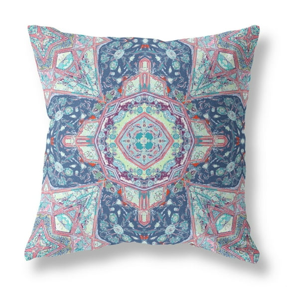 Buddha Flower Ceremony Indoor/Outdoor Pillow in Blue Light Blue Pink 18x18