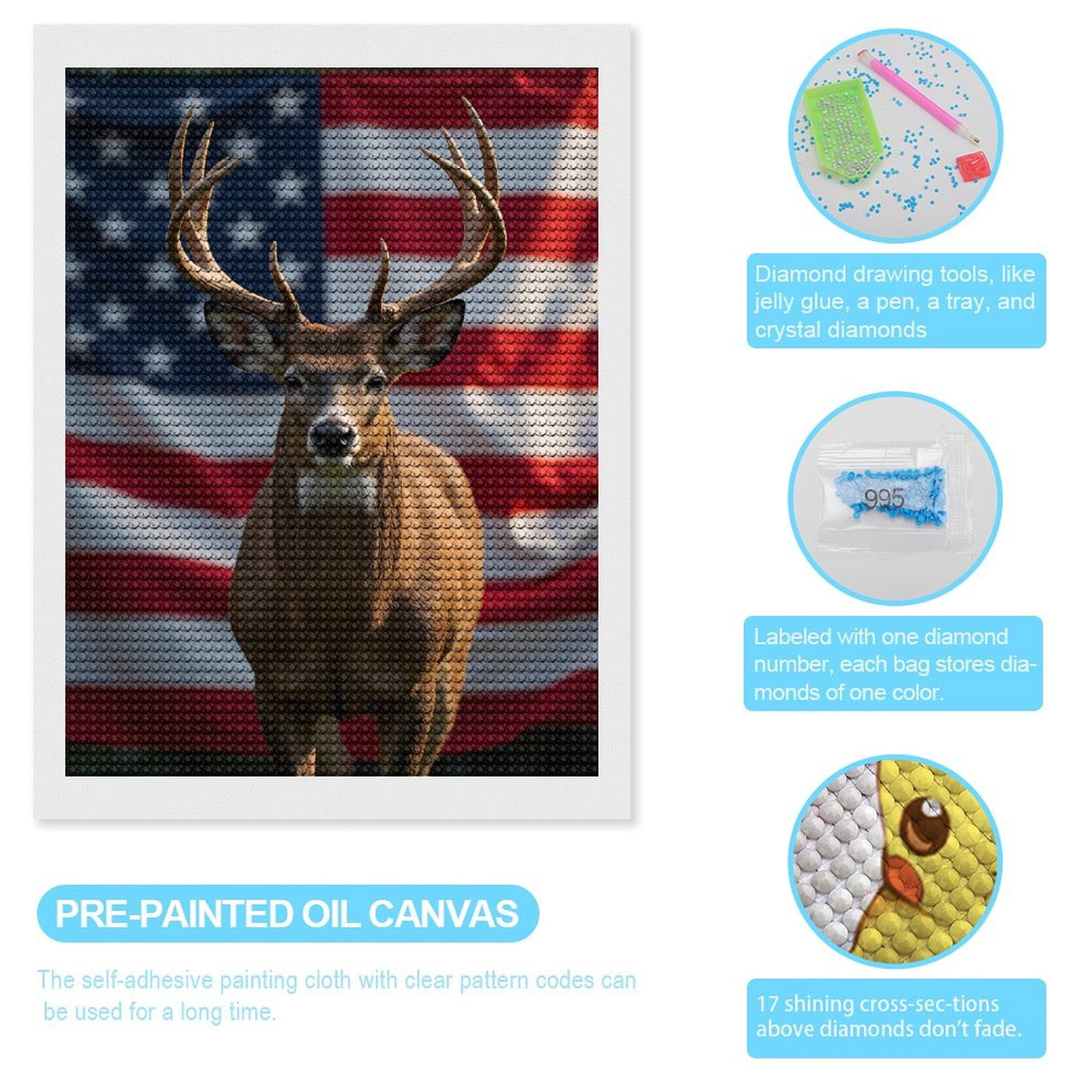 Diamond Art Kits for Adults, Deer American Flag Background Wildlife 5D Diamond Painting Kits for Adults Beginners, DIY Full Drill Diamond Painting, Gem Art and Crafts 12x16