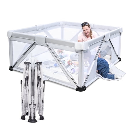 Baby Playpen Foldable, Heyo.Ja Large Play Yard, Play Pens for Babies and Toddlers, Portable Play Pen, Light Gray
