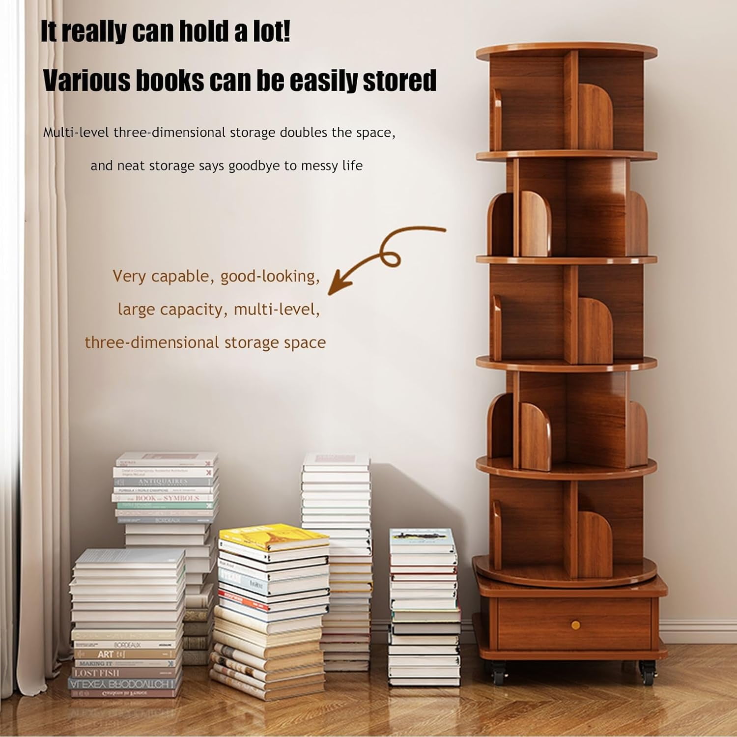 Rotating Bookshelf, 360° Display Corner Bookshelf for Small Space, 5 Tier Bookcase Storage Rack with Wheels, Wood Narrow Organizer for Bedroom, Living Room, Office