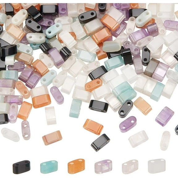 180 Pcs 6 Styles Gemstone Beads 5x2.5-3mm 2-Hole Seed Beads Flat Rectangle Spacer Beads Natural Stone Beads for Multi-Strand Bracelet Necklace