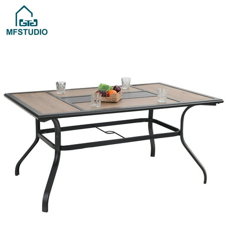 MF Studio Outdoor Garden Dining Table Wooden Like Table Top Rectangular Backyard Bistro Table with 1.56” Umbrella Hole, 61” L x 37” W