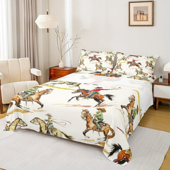 Manfei Rustic Western Cowboy Twin Sheet Sets,Farm Animal Horse Twin Fitted Sheet,Country Farmhouse Flat Sheet For Boys Kids,Microfiber Bedroom Decor,3-Piece