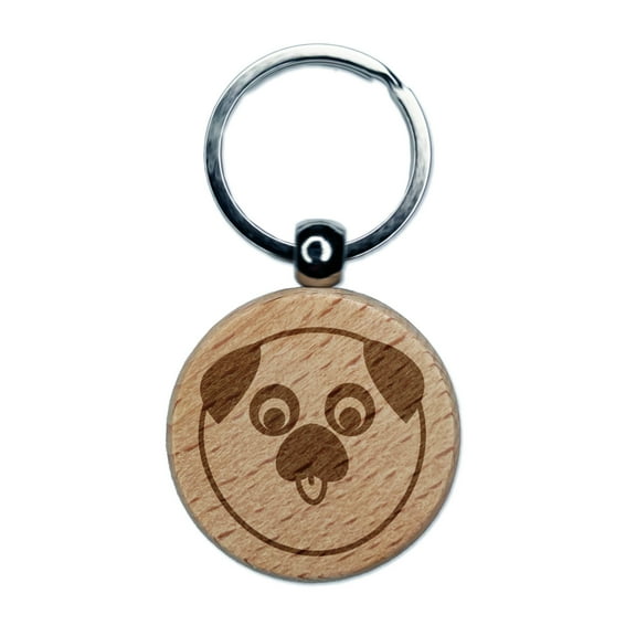 Playful Pug Face Round Keychain Charm Tag - Engraved Wood