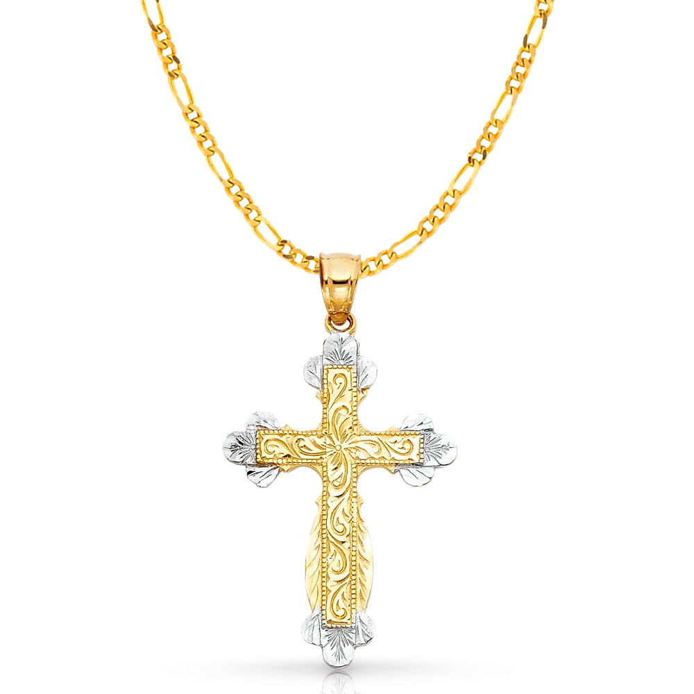 14K Two Tone Gold Cross Religious Charm Pendant For Necklace or Chain