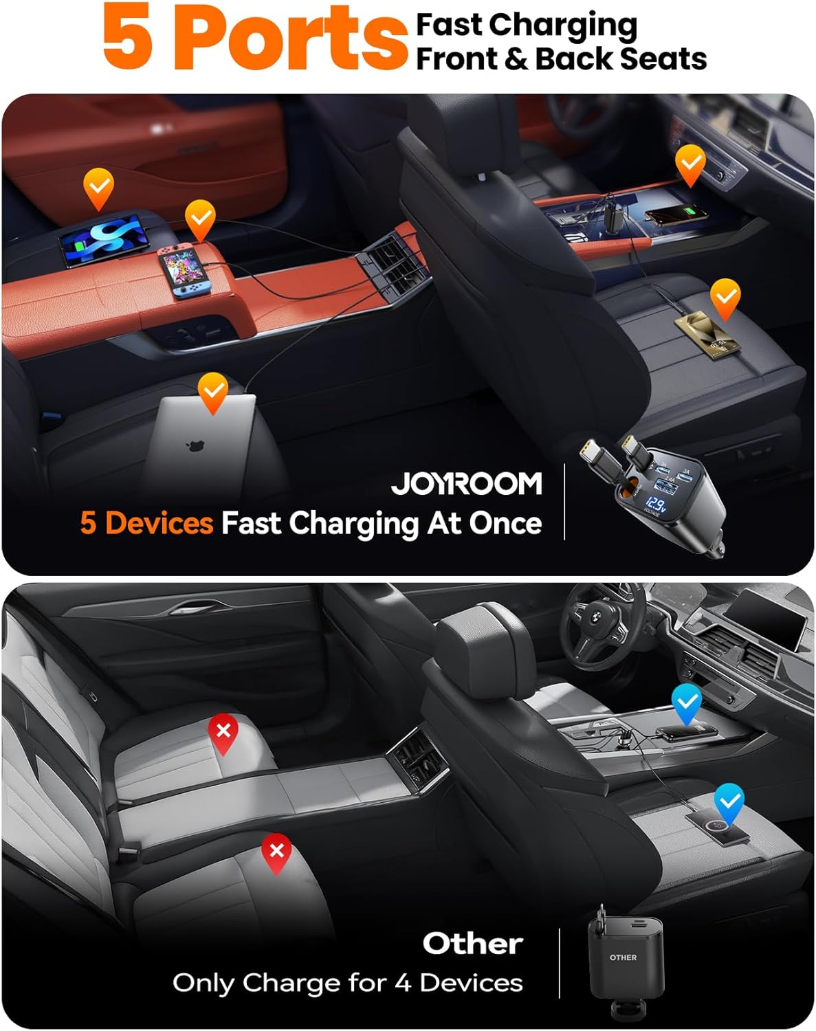 JJEAN-[5 in 1] for iPhone 17 Car Charger Adapter Fast Charging 99W USB C Car Charger Retractable with PD45W Dual Type C Cords Car Accessories Gifts for Women Men for iPhone 17 Air 16 15 Pro Max, All