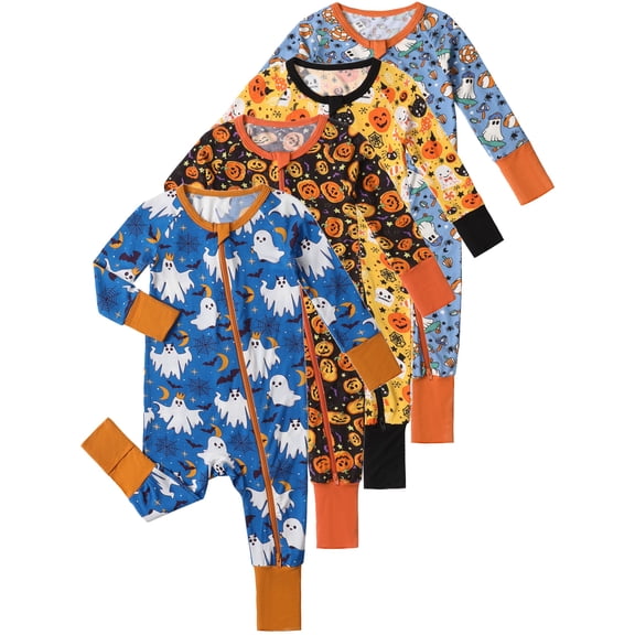 ATAIKU Halloween Baby Girls Boys Bamboo Viscose Footies, Pajamas with Fold-Over Mittens & Feet, 2-Way Zipper Sleeper for Baby 3-24M