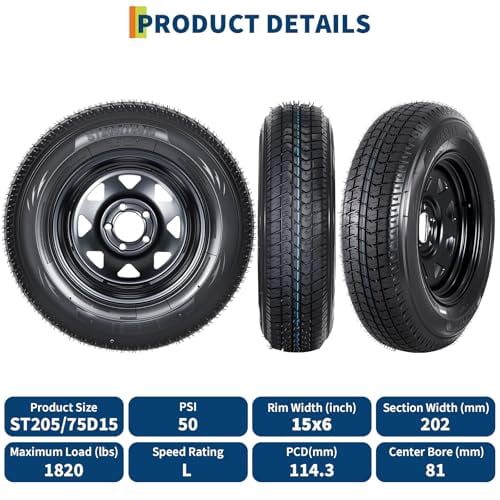 Garvee 2-Pack ST205/75D15 Trailer Tires and15" Rims, 5 Lug on 4.5" Bolt Pattern, 6PR Load Range C, Heavy Duty 205 75 15 Trailer Tires Rims for Utility, Boat, Camper, Cargo Trailers