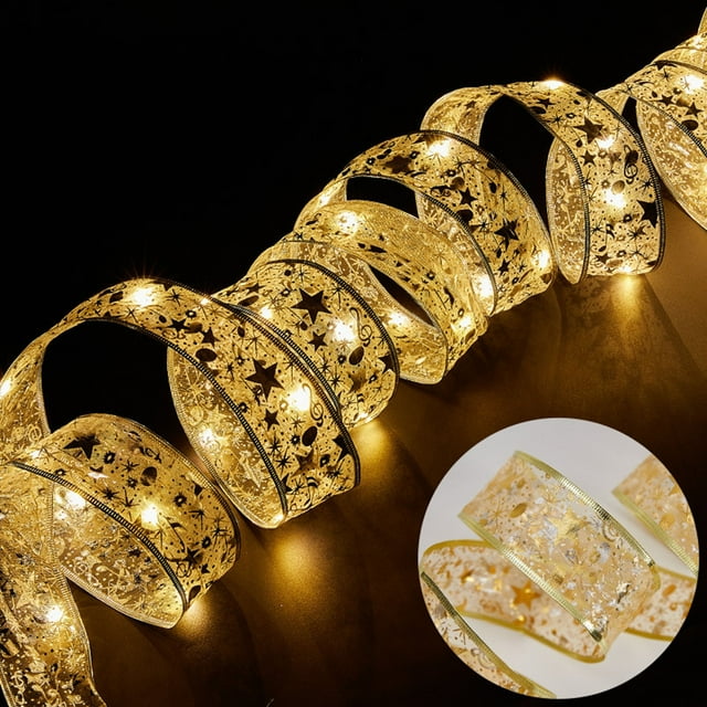 Fasiaou Christmas Ribbon Lights LED Battery Operated Xmas Fairy Double Layer Copper Wire Ribbon Bows Fairy Strings Tree Garden Bedroom Party Decorations(C)