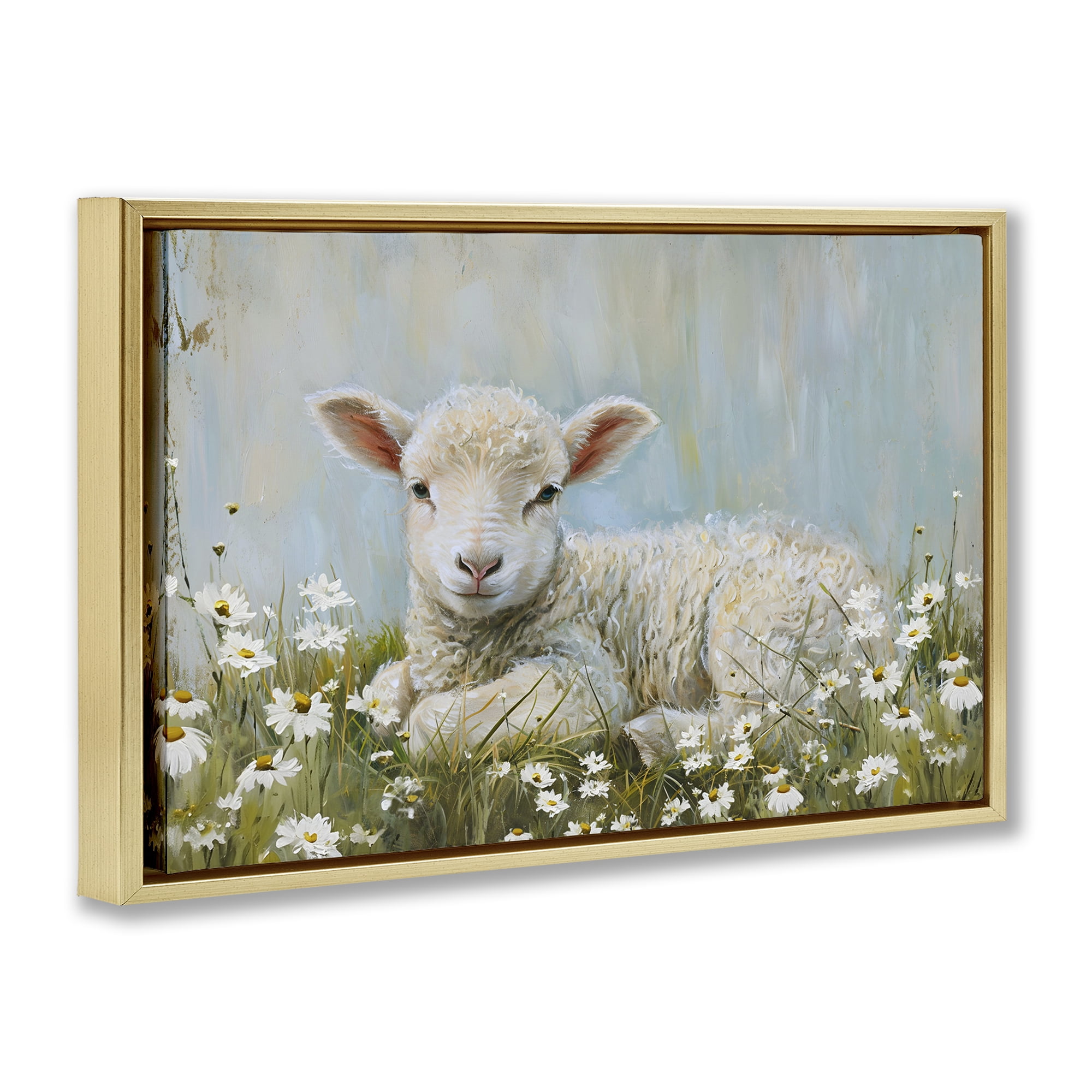 Stupell Industries Lamb Resting in Meadow Animals & Insects Painting Gold Floater Framed Canvas Art Print Wall Art, 31 x 21