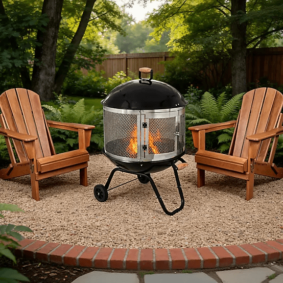 Red Mountain Valley 28" Portable Wood Burning Fire Pit with Wheels, Spark Screen, Cooking Grate & Poker, Round Outdoor Steel Firepit for Patio Backyard Camping