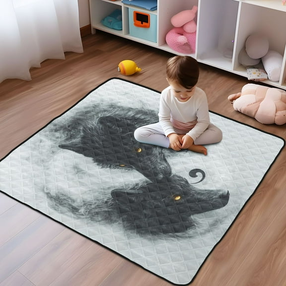 WOBOGO Watercolor Style Black Wolf Baby Playmats Extra Large Waterproof Rollable Activity Pads for Toddlers 50×50inch