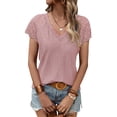 thumbnail image 3 of HUBERY Women Crochet Lace Spliced V Neck Short Sleeve Solid Color Top, 3 of 6