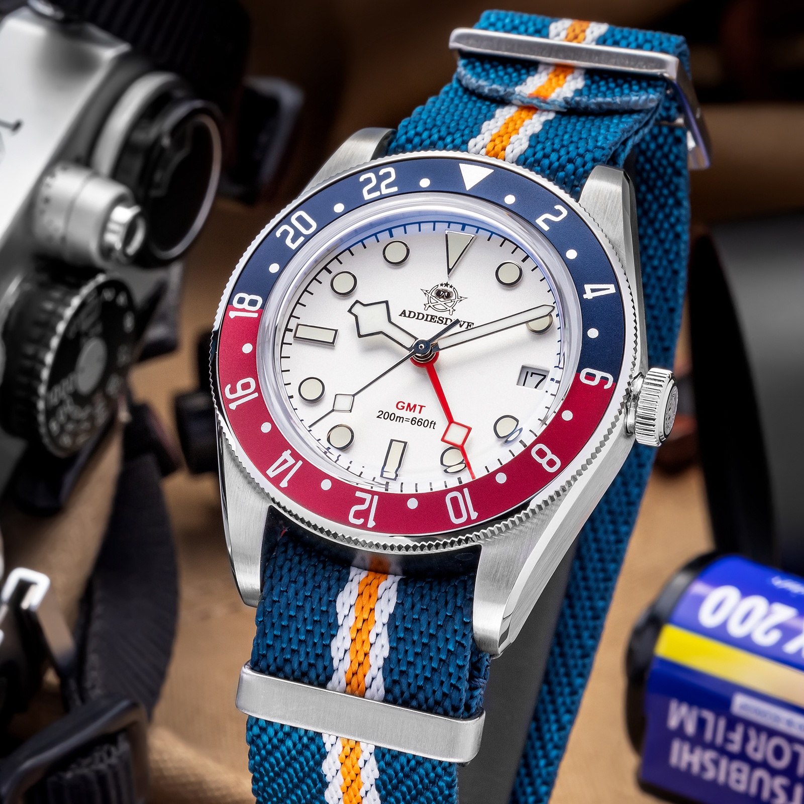 ADDIESDIVE Men's GMT Dive Watch 200M with Swiss Quartz Movement, 316L Stainless Steel Men's Analog Quartz Watches, BGW9 Luminous Unidirectional Bezel Blue Nylon Band